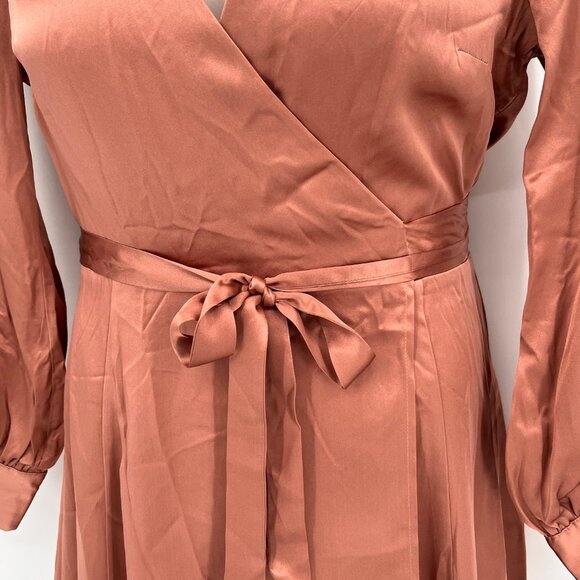 Reformation Silk Mini Dress Size M Rust Wrap Tie Waist Long Sleeve V-Neck - Picture 3 of 9